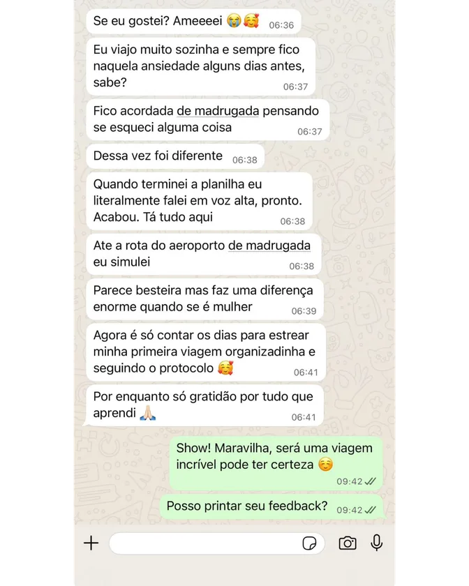 Print de conversa no WhatsApp: aluna que viaja sozinha comenta o Protocolo