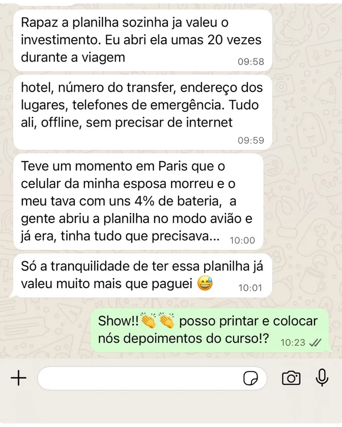 Print de conversa no WhatsApp: aluno em Paris usou a planilha no modo avião