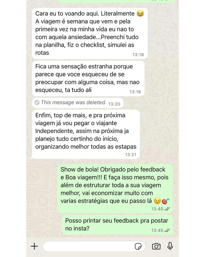 Print de conversa no WhatsApp: aluno a uma semana da viagem sem ansiedade